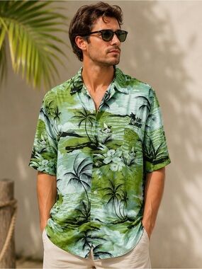 HanTon green & blue Hawaiian island shirt